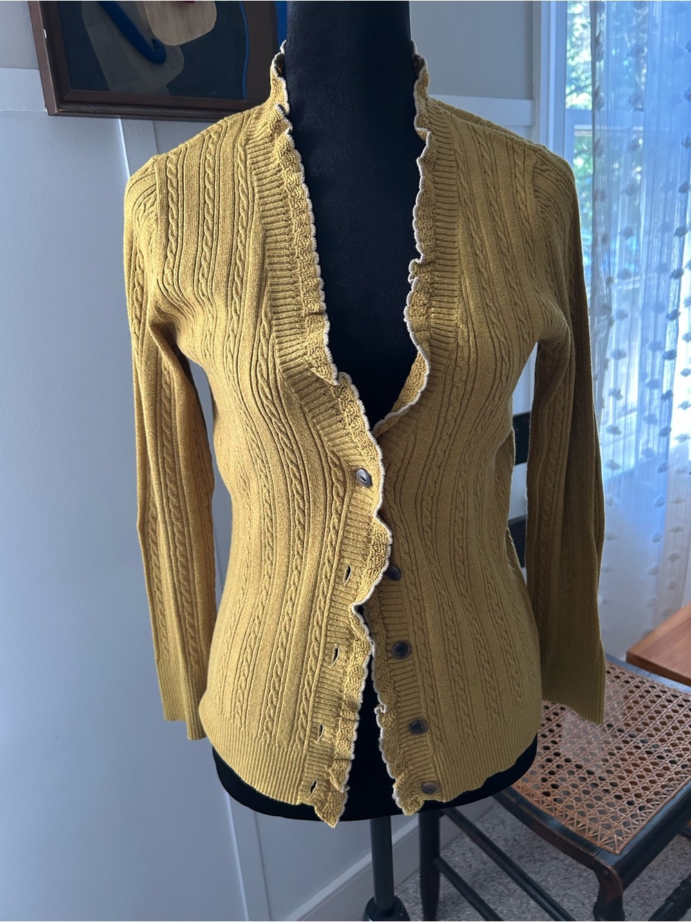 Eddie Bauer Mustard Cable-Knit Ruffle-Trim Cardigan